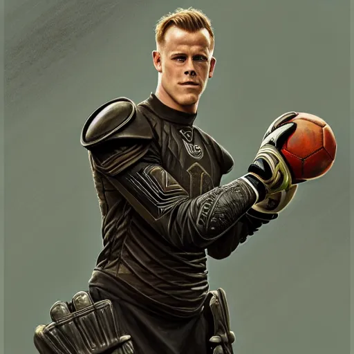 Image similar to Ter Stegen holding a bomb, goalkeeper, football pitch, D&D, fantasy, intricate, elegant, highly detailed, digital painting, artstation, concept art, matte, sharp focus, illustration, art by Artgerm and Greg Rutkowski and Alphonse Mucha