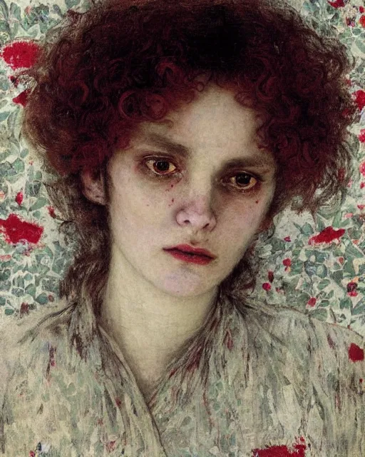 Prompt: a beautiful but sinister woman in layers of fear, with haunted eyes and curly hair, 1 9 7 0 s, seventies, floral wallpaper, delicate embellishments, a little blood, crimson, painterly, offset printing technique, by jules bastien - lepage