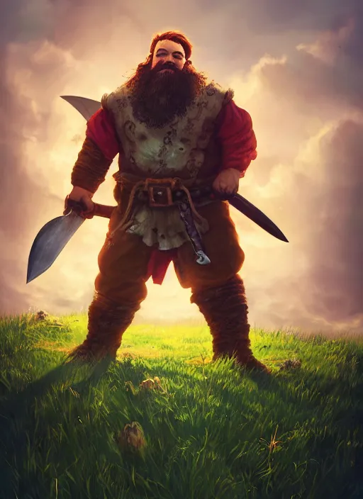 Image similar to A fantasy comic book style portrait painting of a axe wielding fantasy d&d dwarf in a open meadow field in the summer, unreal 5, DAZ, hyperrealistic, octane render, RPG portrait, ambient light, dynamic lighting