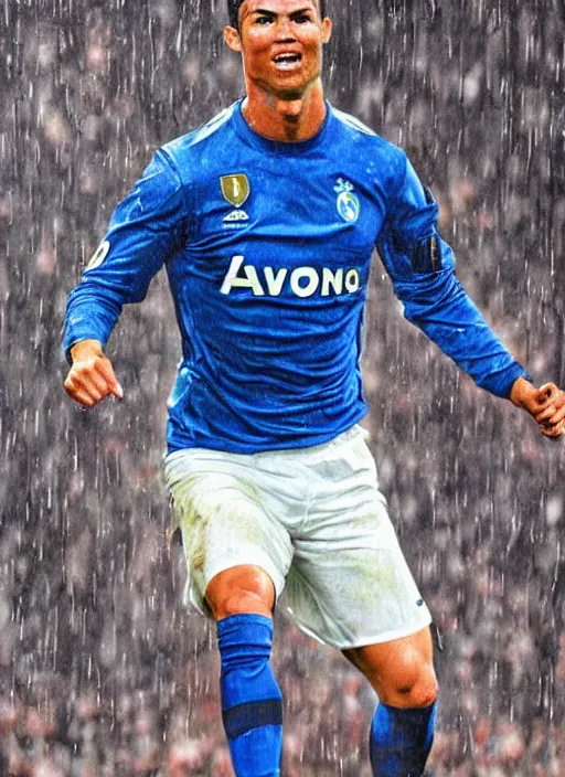 Image similar to epic face portrait cristiano ronaldo after scoring a goal, hard rain, michael whelan