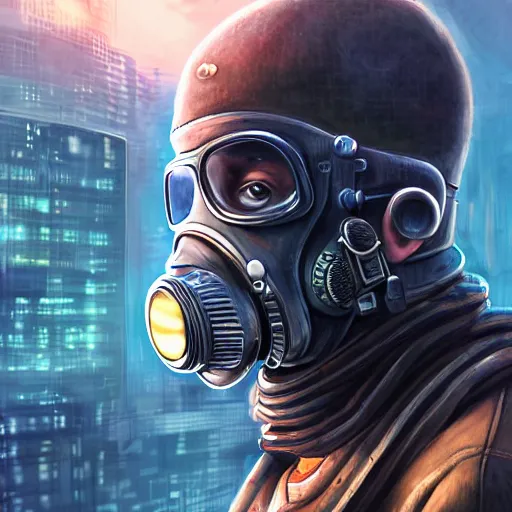 Image similar to Portrait of a Guy in a Gasmask, Cyberpunk city, street vendors, citizens, augmented cyborgs, robots, skyscapers, buildings, clouds, sunset, painted by seb mckinnon, high detail, digital art, trending on artstation