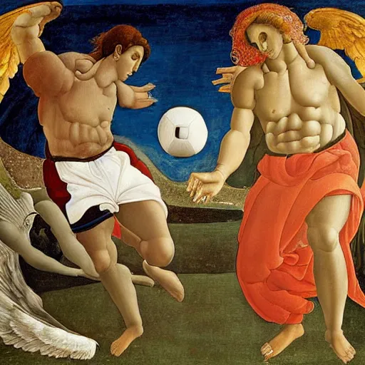 Image similar to painting of pele and maradona in heaven with a football ball, very detailled, by botticelli