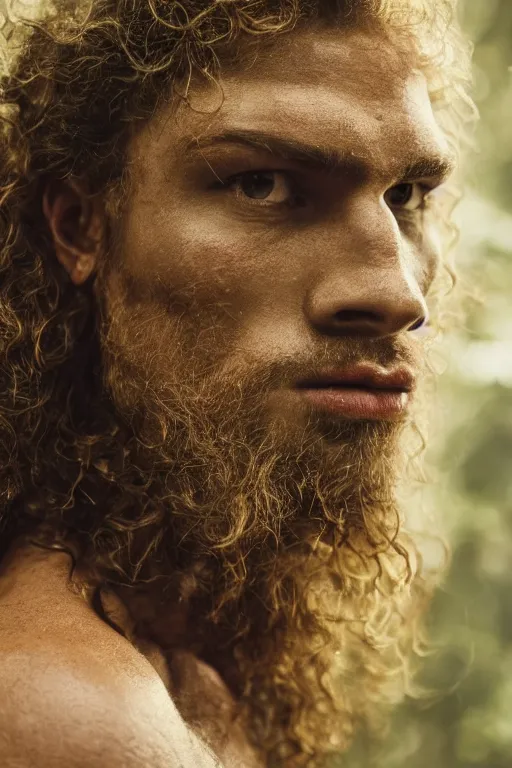 Image similar to close up, portrait of a muscular man, chiseled features, beautiful flowing brown curly hair, mythological, god of nature, defined muscles, artsy photography, film photo, 4 k, model posing, deep tan skin, trending on artstation, fashion photography, yellow eyes, overgrown background, dryad, verdant forest, face, very long luxurious hair