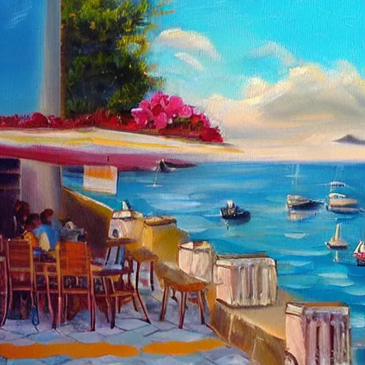 Image similar to small cafe in italy, capri coast, sea, sunny day, summer, clouds on the sky, oil painting style,