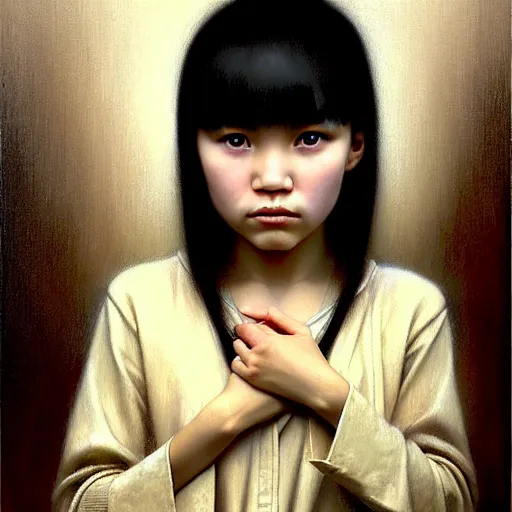 Image similar to beautiful portrait of a kazakh, ( emo ) girl, by casey baugh,, vladimir kush, yasunari ikenaga, yasar vurdem, william oxer