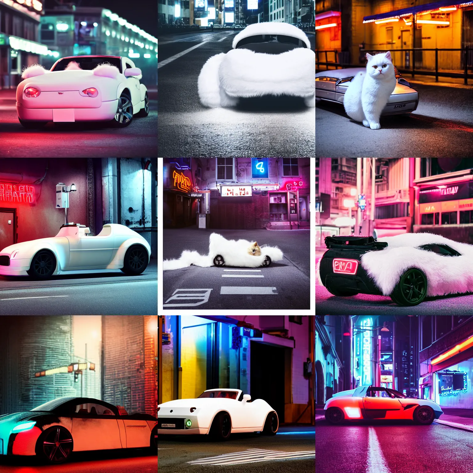 Image similar to a fluffy roadster covered with white fur and looked like a British Shorthair cat, parking in the street, Cyberpunk, neon light, front view, 4k, hd, highly detailed