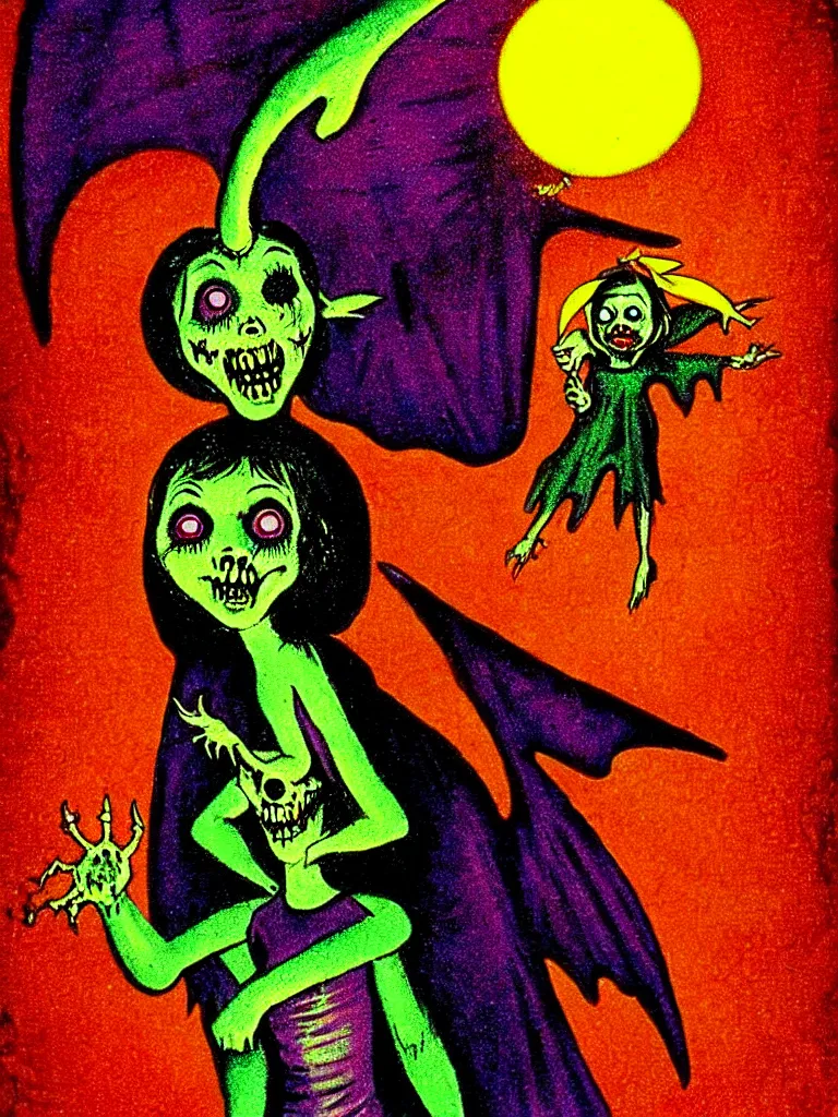 Prompt: Vibrant Colorful Vintage Horror Illustration of a Really Scary looking Tooth Fairy Glowing , Spooky lighting , Pinterest