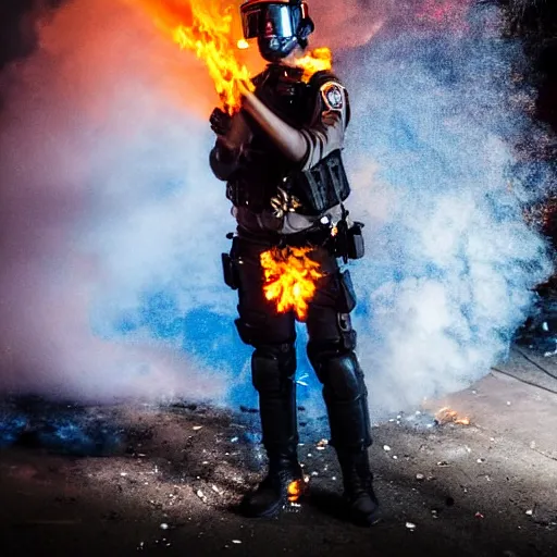 Prompt: portrait of a anti-riot policeman on fire , front, centered, riot background, at night, mid shot , editorial photography