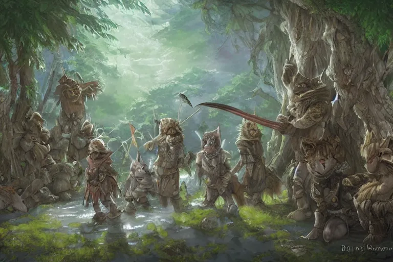 Prompt: dungeons and dragons fantasy painting, platoon of ashigaru mice emerge from the forest, tanegashima, hooded cloaks, whimsical and cute, determined expressions, watery eyes, anime inspired by krenz cushart, brown fur, tufty whiskers, feathered arrows, bamboo forest, dawn lighting, by brian froud jessica rossier and greg rutkowski