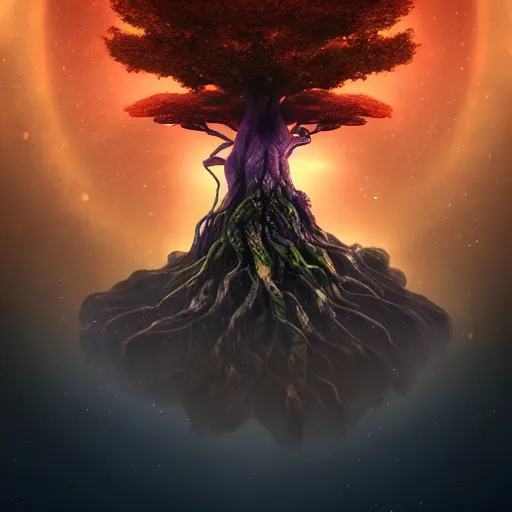 Prompt: a god tree from which hang planets or galaxies instead of fruits, the tree is on top of a calm sea. fantasy art, horror, photo realistic, dynamic lighting, artstation, poster, volumetric lighting, very detailed faces, 4 k, award winning