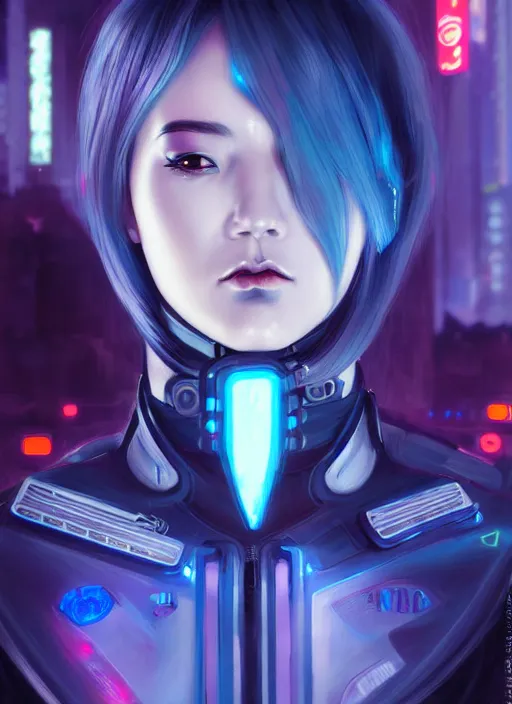 Image similar to portrait grey blue hair of futuristic police girl, black color uniform, at cyberpunk reflected tokyo night, ssci - fi and neon light, fantasy, intricate and beautiful, highly detailed, digital painting, artstation, concept art, smooth and sharp focus, illustration, art by tian zi and wlop and alphonse mucha