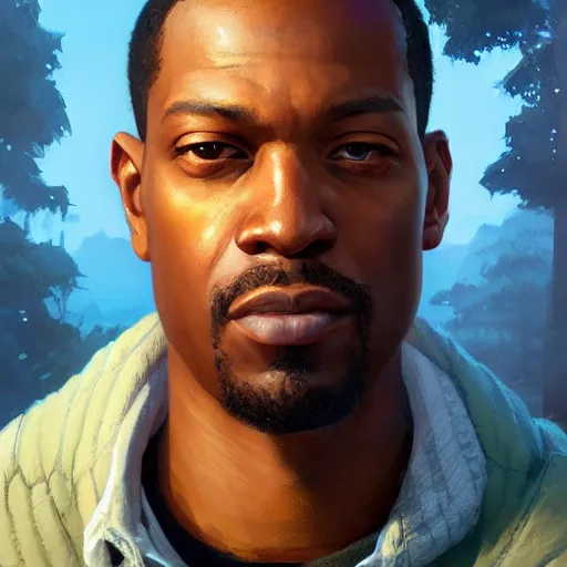 Image similar to highly detailed portrait, young man carl johnson cj, in gta v, stephen bliss, unreal engine, fantasy art by greg rutkowski, loish, rhads, ferdinand knab, makoto shinkai and lois van baarle, ilya kuvshinov, rossdraws, tom bagshaw, global illumination, radiant light, detailed and intricate environment