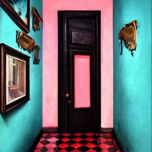 Prompt: diego dayer, hyperrealistic surrealism, award winning masterpiece with incredible details, a surreal vaporwave painting of pink door leading to a teal room, mirrors everywhere, highly detailed, hallway with black and white checkered floor, intricate, elegant