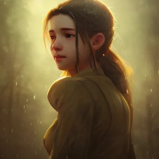 Image similar to beautiful aerith gainsborough, face centered portrait, confident, fog, rain, volumetric lighting, beautiful, golden hour, sharp focus, ultra detailed, cgsociety by leesha hannigan, ross tran, thierry doizon, kai carpenter, ignacio fernandez rios