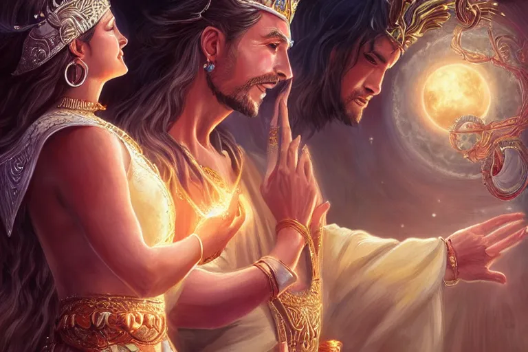 Image similar to close up moment of a divine a sun god and a moon goddess lovers magician at a wedding banquet, highly detailed, d & d, fantasy, highly detailed, digital painting, trending on artstation, concept art, sharp focus, illustration, art by artgerm and greg rutkowski and magali villeneuve