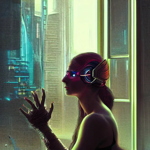 Prompt: portrait of cyberpunk woman looking out of a window, cyberpunk setting, futuristic, highly detailed, intricate lighting, digital painting, sharp focus, illustration, trending on artstation, art by karol bak.