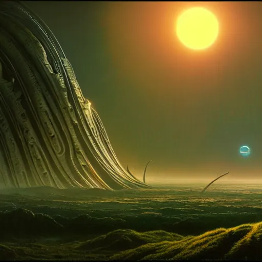 Image similar to a beautiful matte painting of an alien landscape of lush and mystical flora, remnants of a crashed spaceship, alien creatures emerging, sunrise, by Giger and Ralph McQuarrie and Bruce Pennington, cinematic lighting, ambient light, hyperrealism, hires, octane render, 8k, iridescent accents, vray