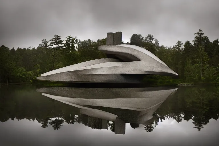 Image similar to an brutalist spaceship forming from a lake surrounded by trees, serene vast landscape, rainy day, beautiful lighting, high depth, ultra realistic, artistic, by annie leibovitz