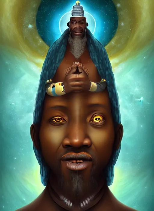 Prompt: matte symmetrical portrait of a wizard of the igbo tribe revealing the ancient secret of how life entered the cosmos, noble bearing. by hieronymus bosch, cyril rolando, esher and natalie shau, whimsical, profound, impossible. trending on devaintart.