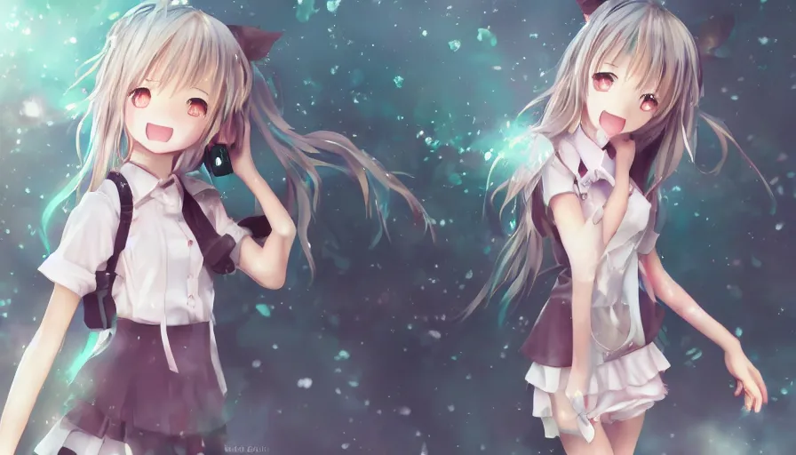 Image similar to cute anime girl by wlop, detailed eyes, heterochromia, bright eyes, full body shot, happy expression, short minidress, light clothing, light rain, hyper real, detailed digital art, hatsune miku, photorealistic