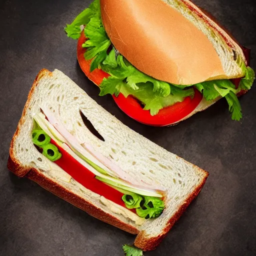 Prompt: sub sandwich shaped like a fish, professional food photography