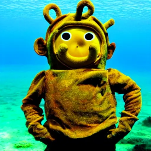 Image similar to rusted barnacle covered teletubby at the bottom of the ocean