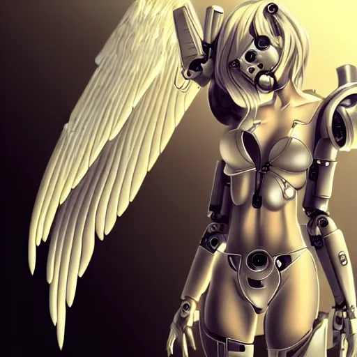 Image similar to gorgeous small female android cyborg - angel large angelic wings, left eye gold and right eye silver, cyberpunk - anime character - concept art