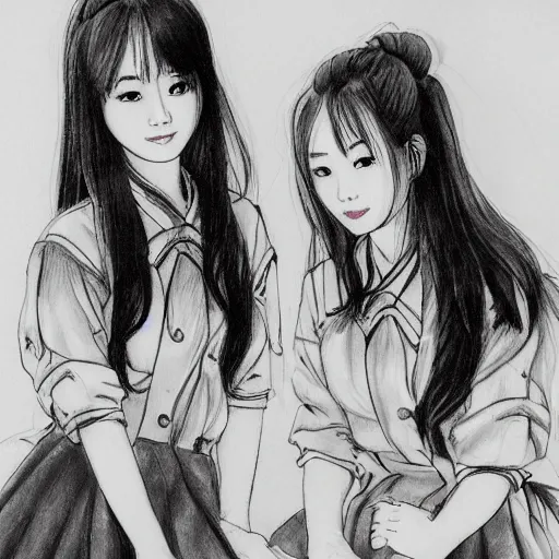 Image similar to a perfect, realistic professional digital sketch of a Japanese schoolgirls posing in a luxury hotel room, style of Marvel, full length, by pen and watercolor, by a professional American senior artist on ArtStation, a high-quality hollywood-style sketch, on high-quality paper