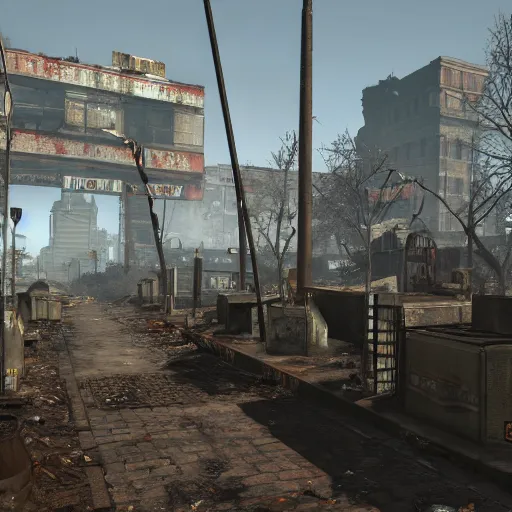 Prompt: st. louis in ruins post - nuclear war in fallout 4, in game screenshot