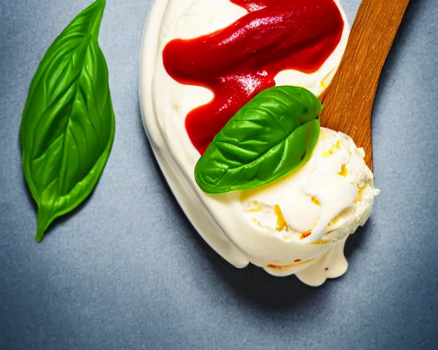 Image similar to dslr food photograph of vanilla ice cream with ketchup on, a leaf of basil on the ice cream, 8 5 mm f 1. 4