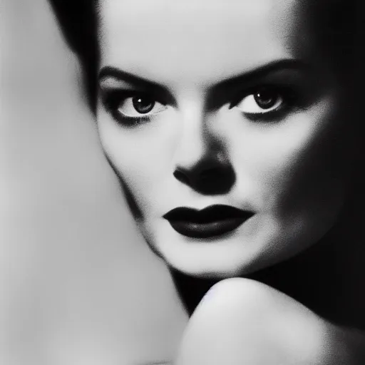 Image similar to a fashion photo portrait of a young Katherine Hepburn, full makup, smokey eye, medium shot. In the style of Helmut newton, robert maplethorpe, Stefano Brunesci, Lachlan Bailey, Herb Ritts, Ellen Von Unwerth, Haris Nukem, Sardax, Annie Leibovitz. detailed photo, hd, 4k, trending on artstation, 35mm, f1.8