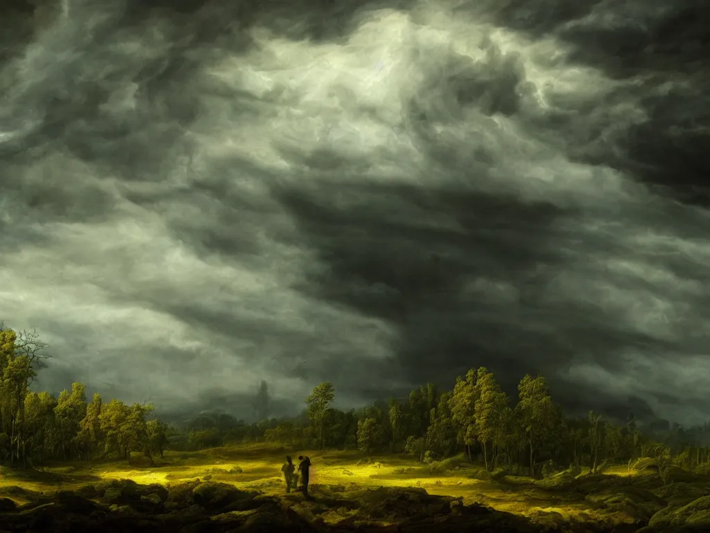 Image similar to detailed landscape, forests. very detailed dark super storm, hyper realistic clouds, impressive, magical, very atmospheric, smoke boiling, cinematic, deep, very high complexity, stunning, masterpiece, chiaroscuro, in the style of caspar david friedrich, very detailed. 4 k