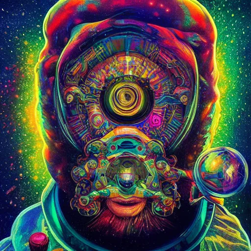 Image similar to An extremely psychedelic experience, colorful, surreal, dramatic lighting, cosmonaut, LSD, face, detailed, intricate, elegant, highly detailed, digital painting, artstation, concept art, smooth, sharp focus, illustration, art by Sam Spratt, Dan Mumford, Artem Demura and Alphonse Mucha