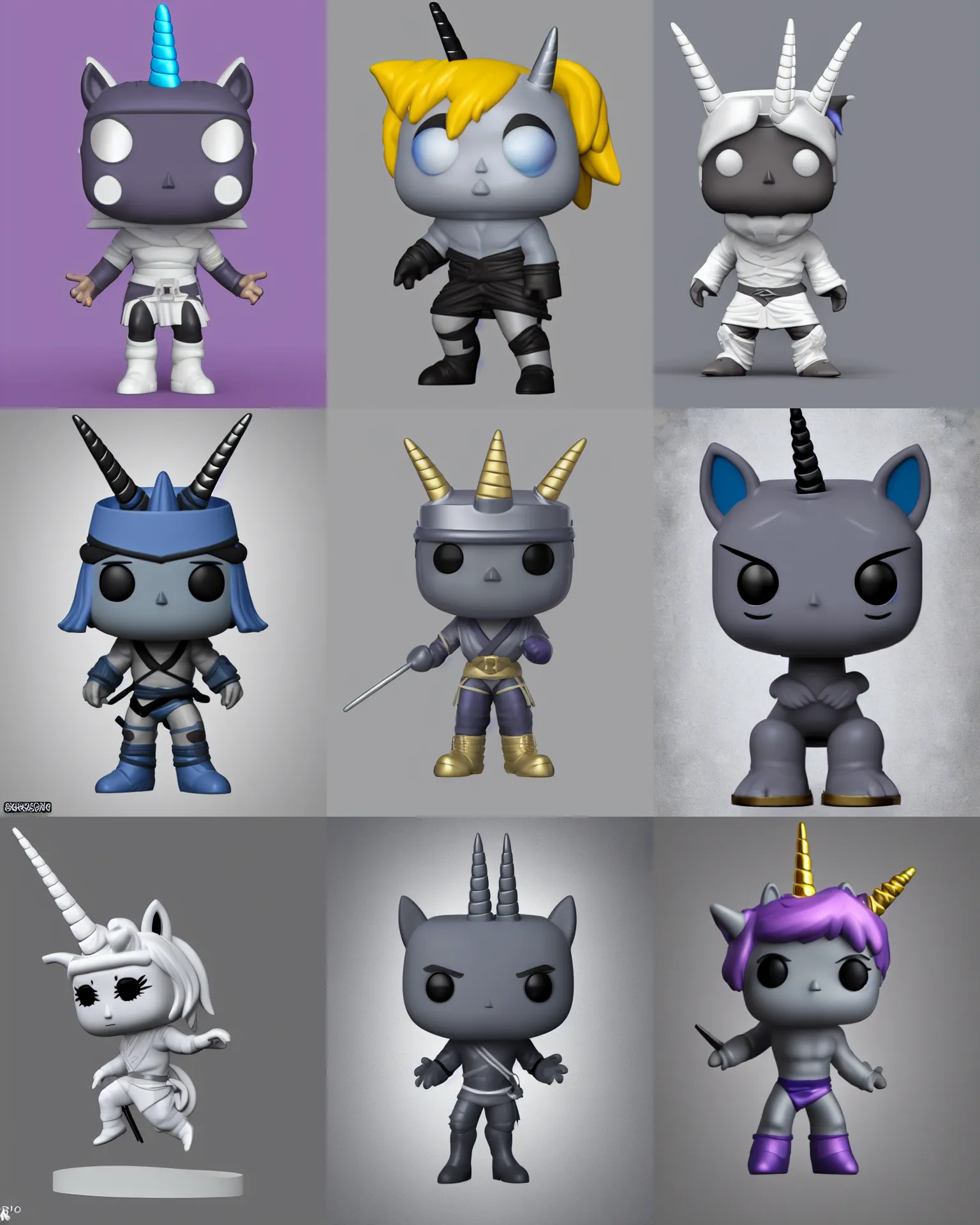 Prompt: full body 3 d render of ninja unicorn as a funko pop!, studio lighting, grey background, single body, no shadow, blender, trending on artstation, 8 k, highly detailed