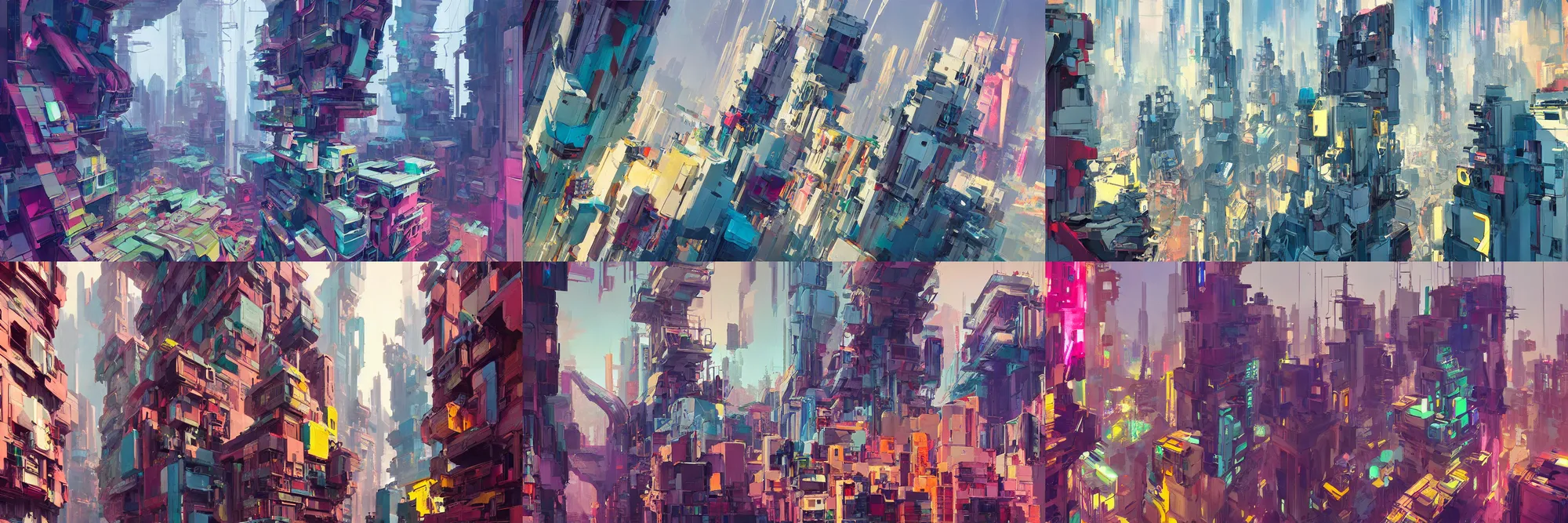 Prompt: A painting by Theo Prins of a colorful cyberpunk city, architecture by Zaha Hadid