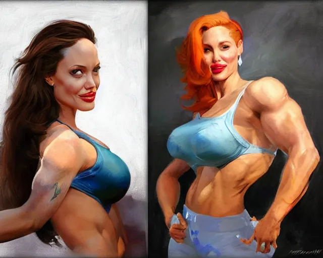 Prompt: greg manchess portrait painting of smiling angelina jolie as beautiful thick female bodybuilder zarya from overwatch, medium shot, asymmetrical, profile picture, organic painting, sunny day, matte painting, bold shapes, hard edges, street art, trending on artstation, by huang guangjian and gil elvgren and sachin teng