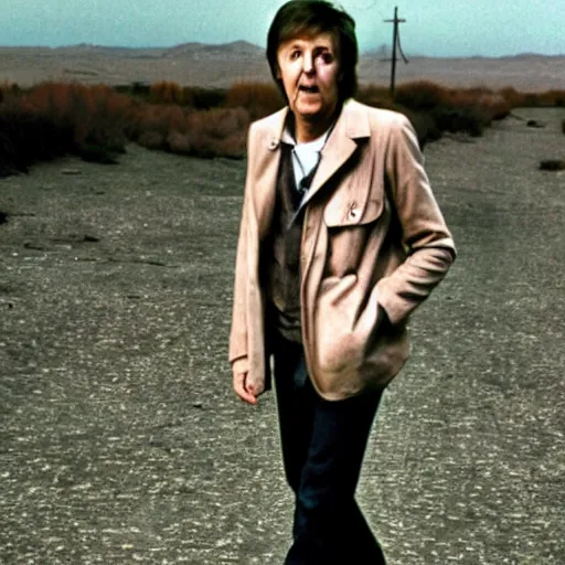 Image similar to paul mccartney walking around in a wasteland