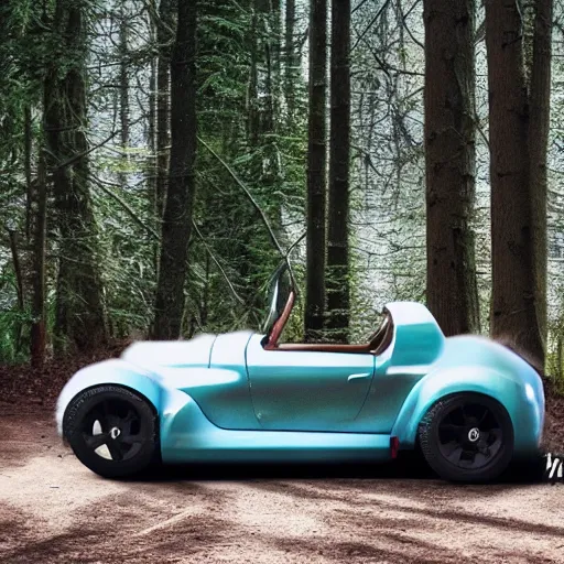 Image similar to a fluffy roadster parking in the forest, warm light, realistic, 4k, hd, highly detailed