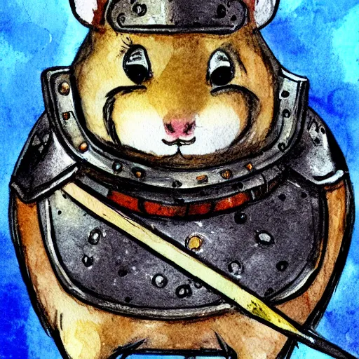 Prompt: hamster warrior, wearing armor, holding sword, watercolor painting