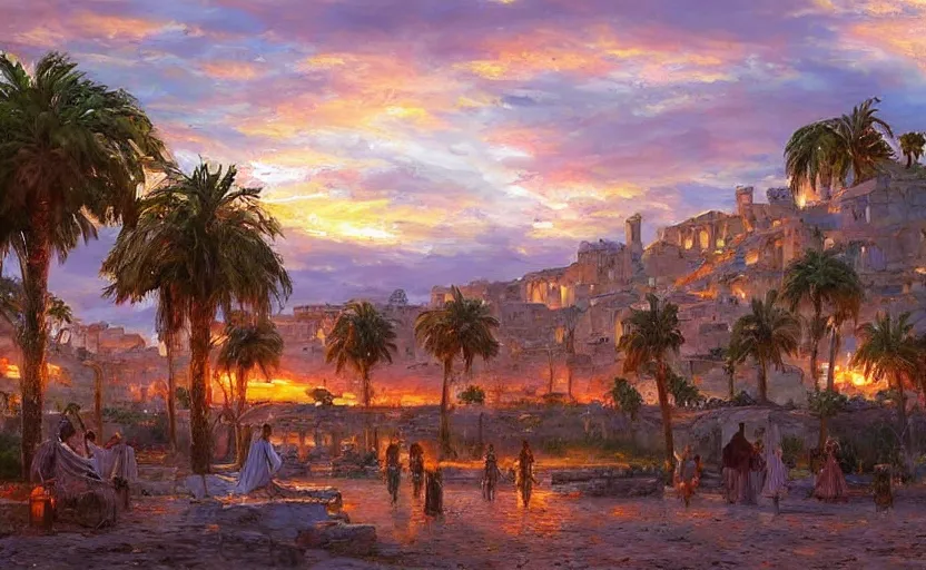 Image similar to Ancient elfic city at sunset. By Konstantin Razumov, highly detailded