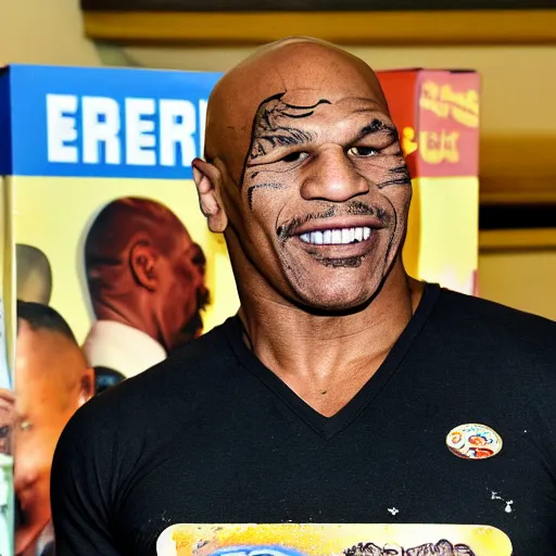 Prompt: mike tyson's cereal brand ear'eoes, with a picture on the box of cereal of mike tyson biting a mans ear off