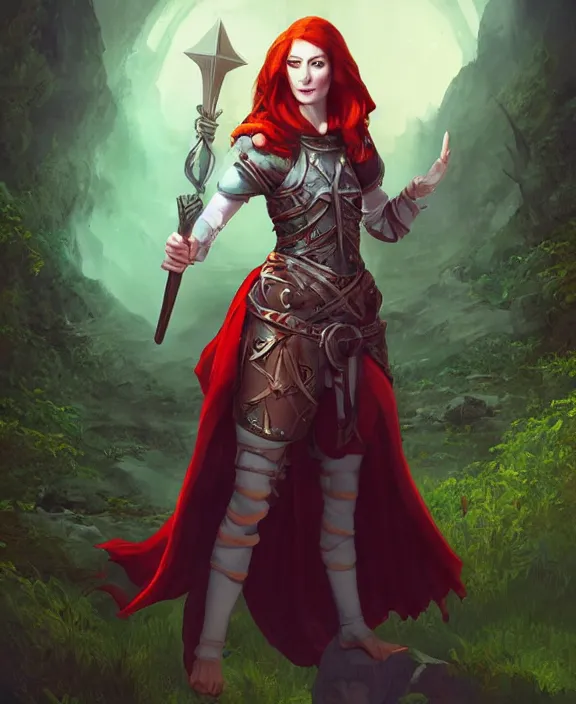 Prompt: full body photograph of a young felicia day as a cleric from dungeons and dragons, fantasy art, red hair, symmetrical face, elegant, graceful, fashionable, cinematic, hyperdetailed illustration by irakli nadar and alexandre ferra, depth of field, global illumination