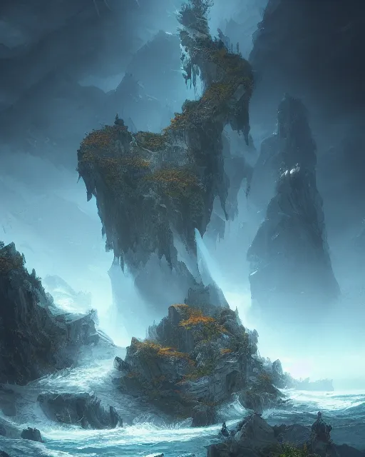 Prompt: cascade de surpris, blue sea, environment art, fantasy art, landscape art, in the style of greg rutkowski, illustration, epic, fantasy, intricate, hyper detailed, artstation, concept art, smooth, sharp focus, ray tracing