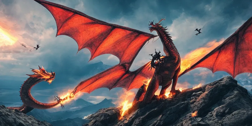 Prompt: A dragon breathing fire on the top of a mountain, epic wings half open, epic composition, detailed and intricate image, cinematic, 4K
