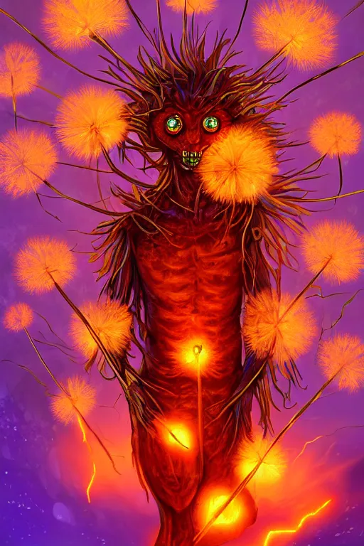 Image similar to a glowing humanoid figure dandelion monster with large glowing eyes, surrounded by blazing orange, highly detailed, digital art, sharp focus, trending on art station, artichoke, anime art style