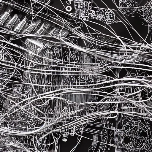 Prompt: a cluster of wires mixed into engine parts, patterned like a map, photo realistic