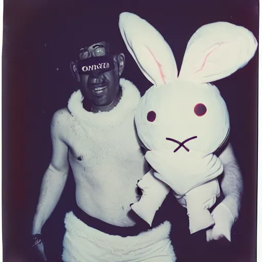 Image similar to grainy head to shoulder portrait polaroid film photograph of a man wearing a bunny costume in a rave party. looking at the camera!!. super resolution. extremely detailed. polaroid 6 0 0 film. by annie leibovitz and richard avedon