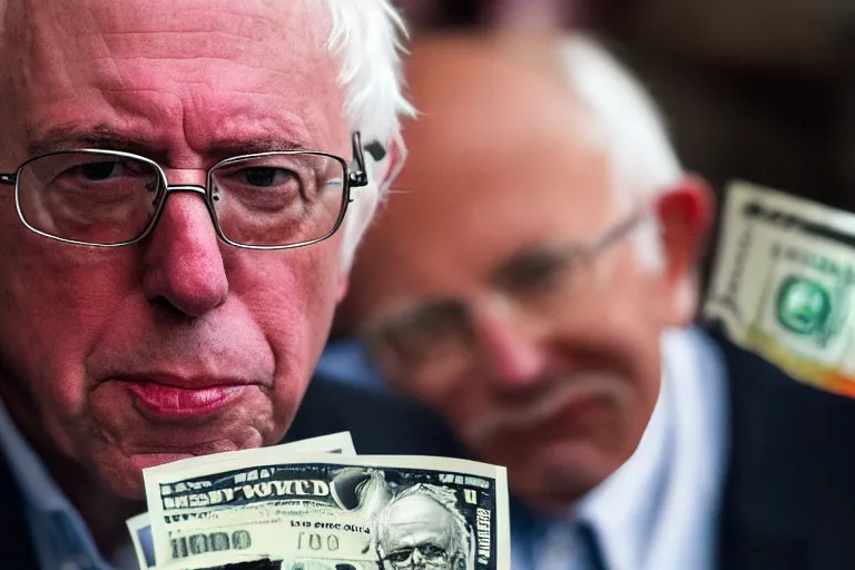 Image similar to closeup potrait of bernie sanders giving you a crisp hundred dollar bill in a washington street, screen light, sharp, detailed face, magazine, press, photo, Steve McCurry, David Lazar, Canon, Nikon, focus