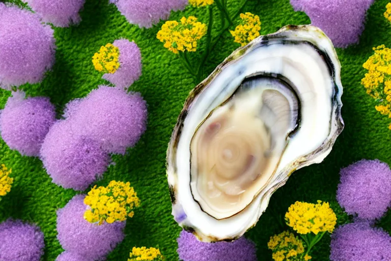 Image similar to a romantic dlsr photoportrait of an oyster in the field of flowers. pastel colors, blurred background. sharp focus on the oyster, 5 0 mm lens, professional light, aerial shot from the drone