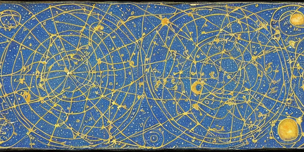 Image similar to ancient cosmic map of the various holes in the universe where time travelers can sneak through the fabric of space time. deep blue with constellations and radiating gold lines and circles, with intricate border. map has been folded and dirtied many times over the centuries